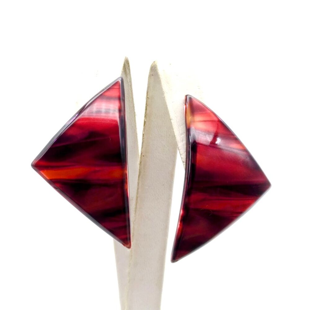 Rusty Brown Acrylic Earrings, Mod Curved Vintage Triangle Clip Ons
